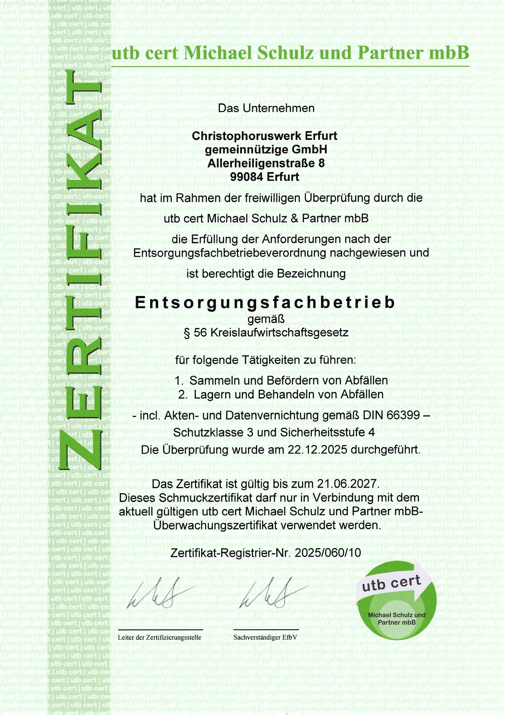 Zertifikat Entsorgungsfach betrieb Seite 1